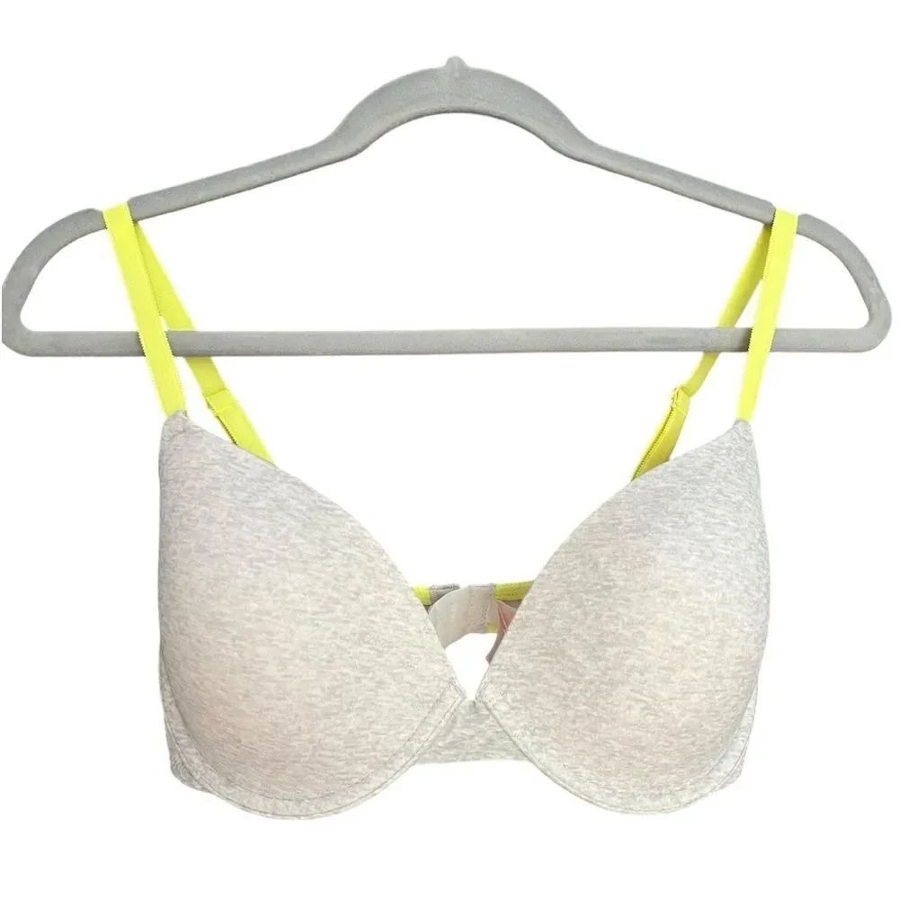 PINK Bra Demi Buste Gray Neon Yellow Pink Sz 34DD. MINT Condition
